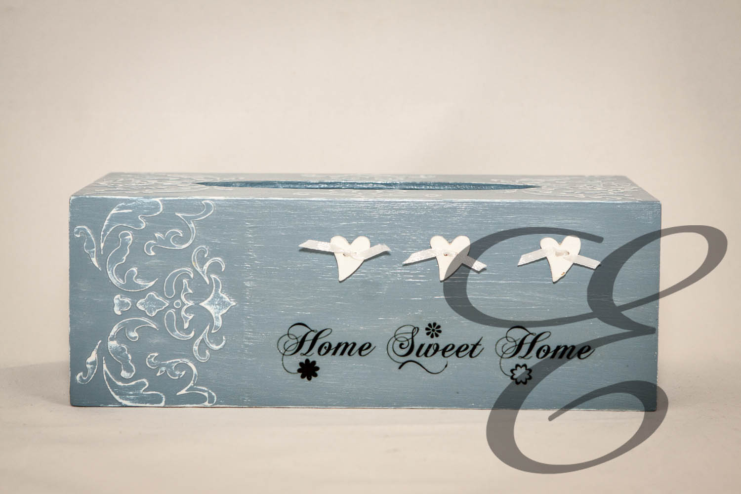 Kosmetiktücherbox Blau Weiß mit Ornamenten und Schriftzug Verziert – Handgefertigtes Unikat von E-Family Jestetten