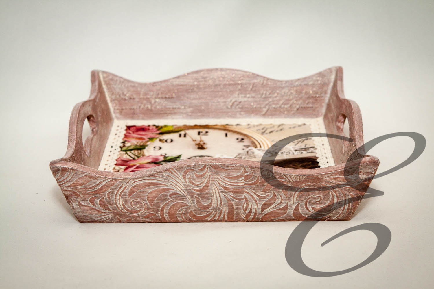 Serviertablett Braun mit Rosenmotiv Shabby Chic – Handgefertigtes Unikat von E-Family Jestetten